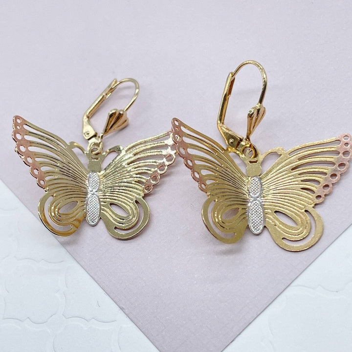 18k Gold Filled Tri-Color Butterfly Dangling Earrings - HER Home Design Boutique
