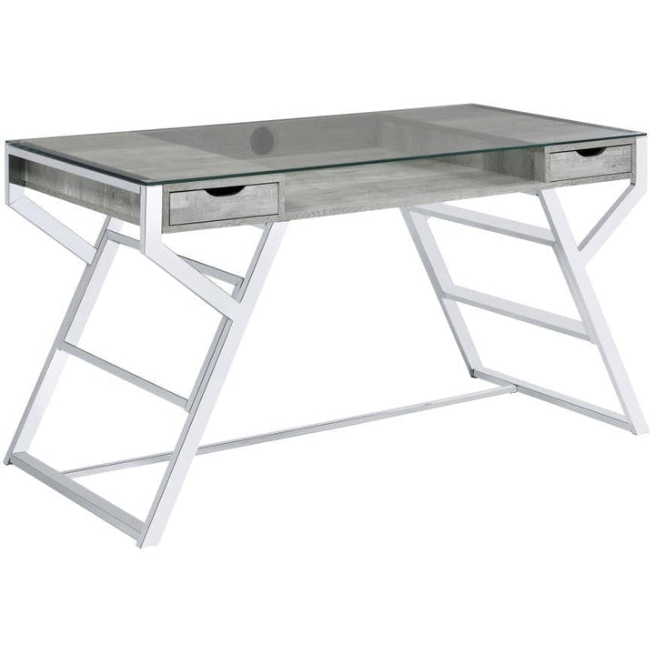 2-Drawer Glass Top Writing Desk in Grey Driftwood And Chrome - HER Home Design Boutique