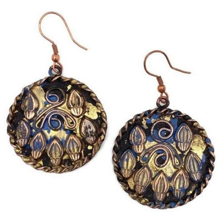 Anju Copper Patina Earrings - Filigree in Blue and Gold Circles - HER Home Design Boutique