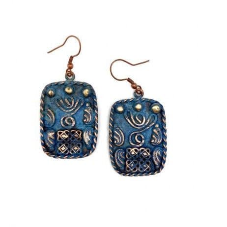 Anju Copper Patina Earrings - Filigree Shapes in Blue Rectangle - HER Home Design Boutique