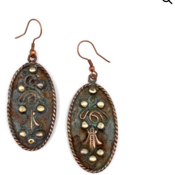 Anju Copper Patina Earrings - Rivets & Filigree in Turquoise Oval - HER Home Design Boutique