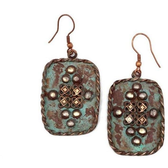 Anju Copper Patina Earrings - Rivets in Turquoise Rectangle - HER Home Design Boutique