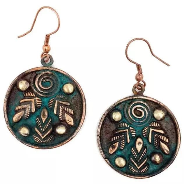 Anju Copper Patina Earrings - Three Leaves and Spiral Teal Circle - HER Home Design Boutique