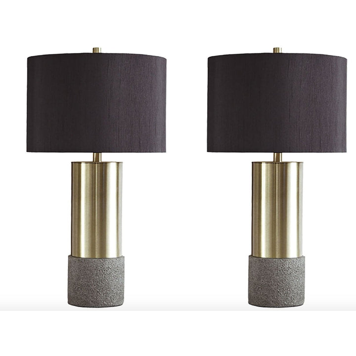 Brass and Cement Table Lamps with Black Shades (Set of 2) - HER Home Design Boutique