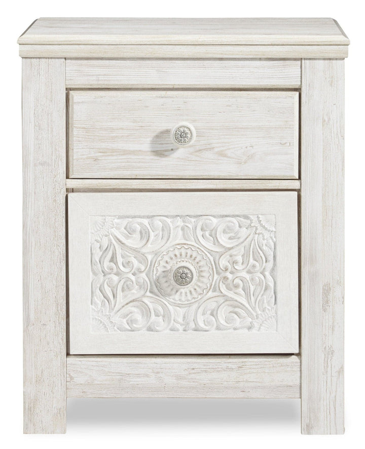 Carved Medallion Patterned Nightstand in Whitewash - HER Home Design Boutique