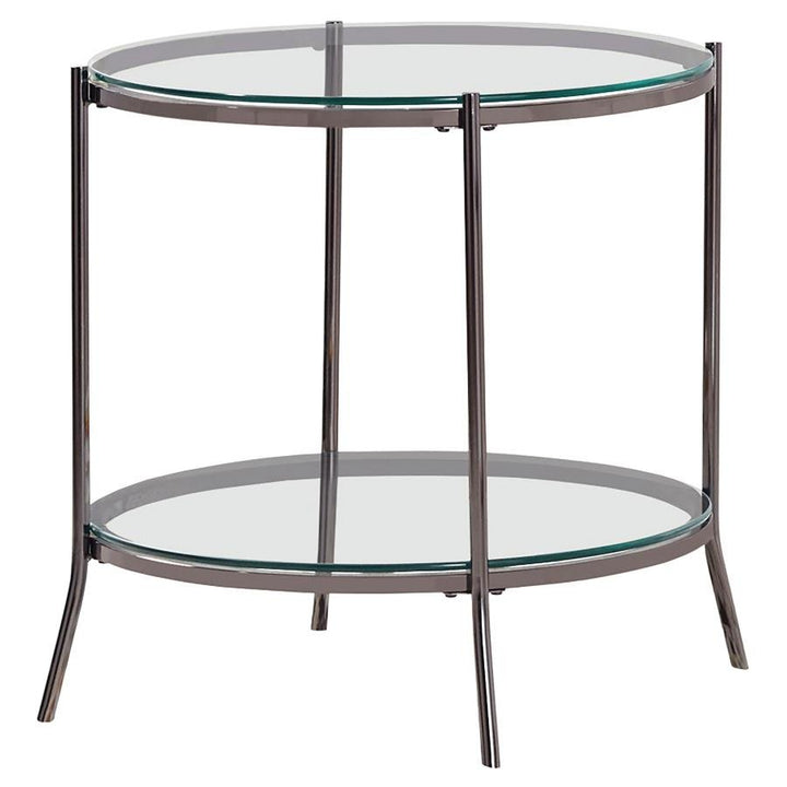 Glass Top Round End Table Table in Black Nickel and Clear - HER Home Design Boutique