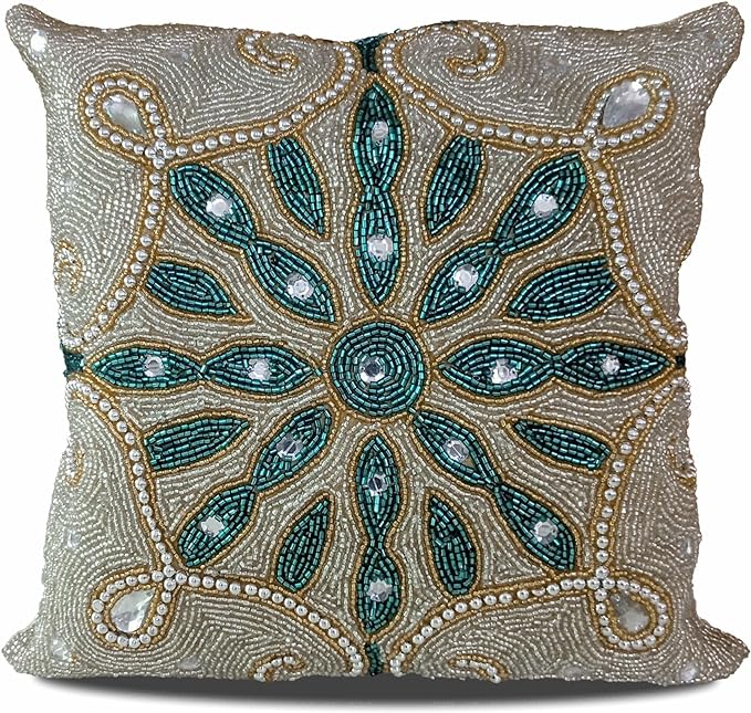 Linen Beaded Starbust Throw Pillow in Teal, Gold and Silver (14x14) - HER Home Design Boutique