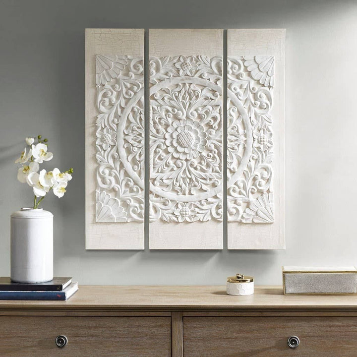 Mandala 3D Embellished Canvas 3-Piece Wall Decor, White - HER Home Design Boutique