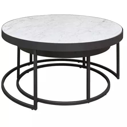 Round Marble Nesting Cocktail Tables ( Set of 2) with Black Legs - HER Home Design Boutique