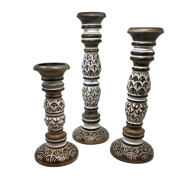 Solid Mango Wood Pillar Holiday Candleholders (Set of 3) - HER Home Design Boutique