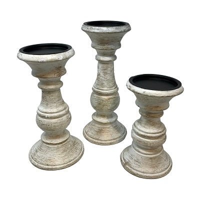 Traditional Rustic White/Goldwashed Wooden Pillar Candle Holders (Set of 3) - HER Home Design Boutique